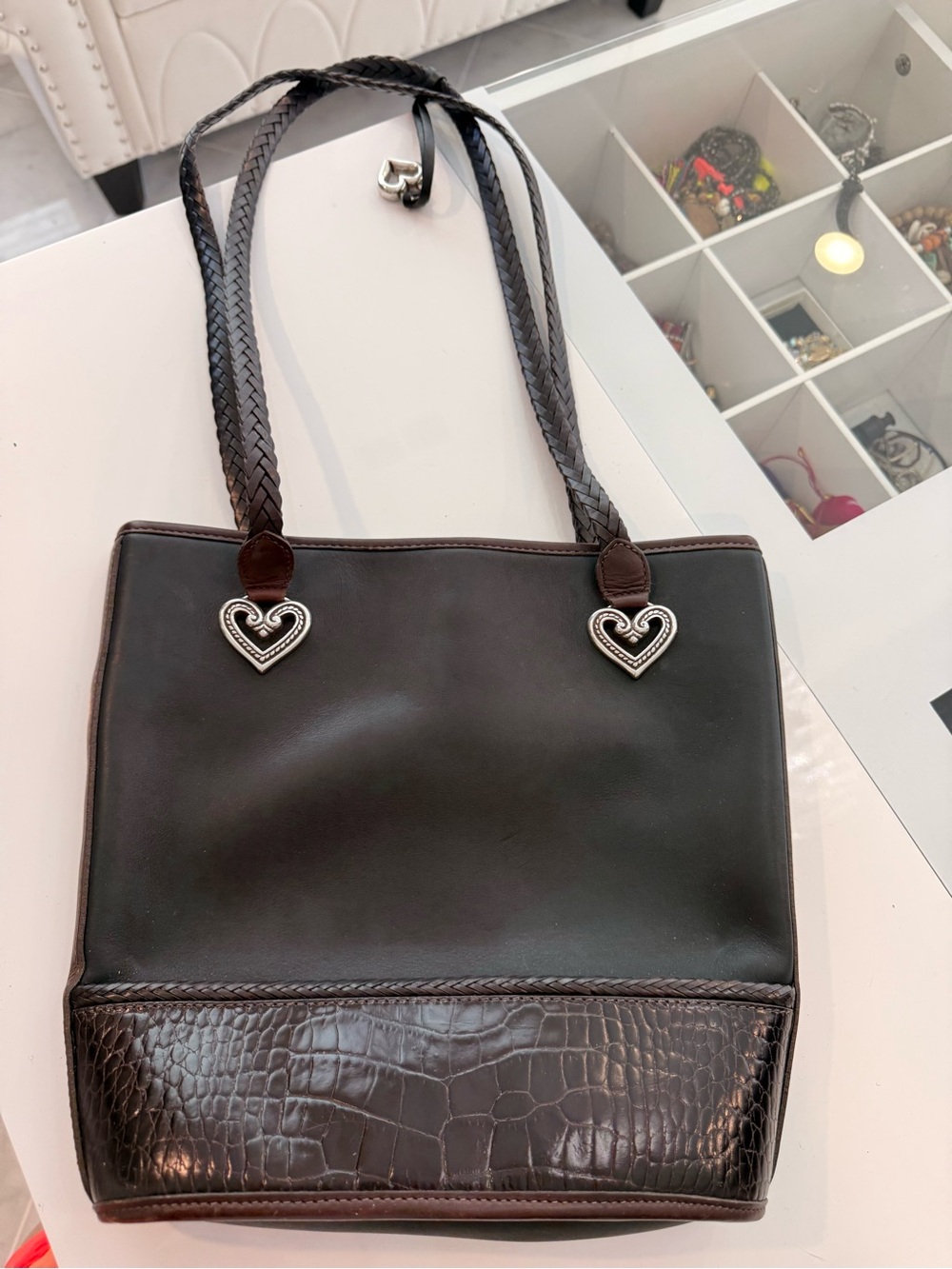Brighton Brown Leather Tote with Heart Charm Accents